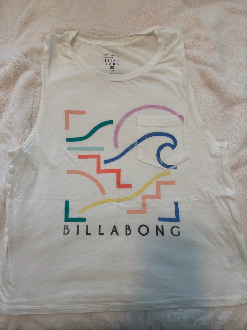 Billabong White Tank with Pastel Geometric Surf Graphic Muscle Tee